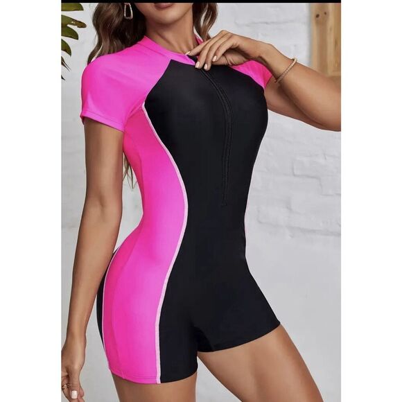 Womens Black Pink One Piece Swimsuit Short Sleeve Zip Up Size M Built In Bra - Picture 1 of 6
